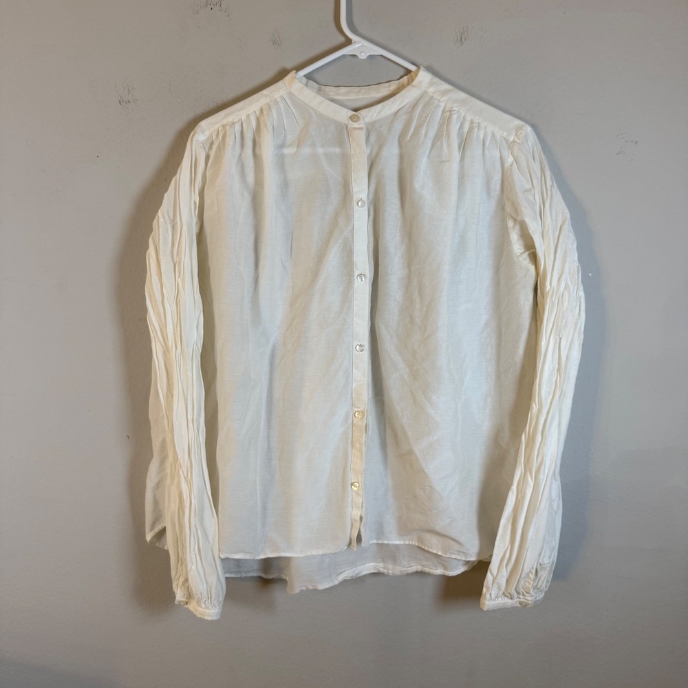 AYR White Cotton Ruffle Top Band Collar Long Sleeve Blouse W125-T458 Size M‎